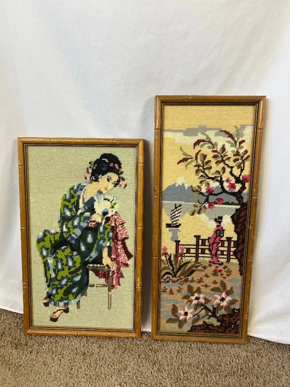 Vintage Needlepoint Geisha Bamboo Style Frames lot of 2 (flaws)